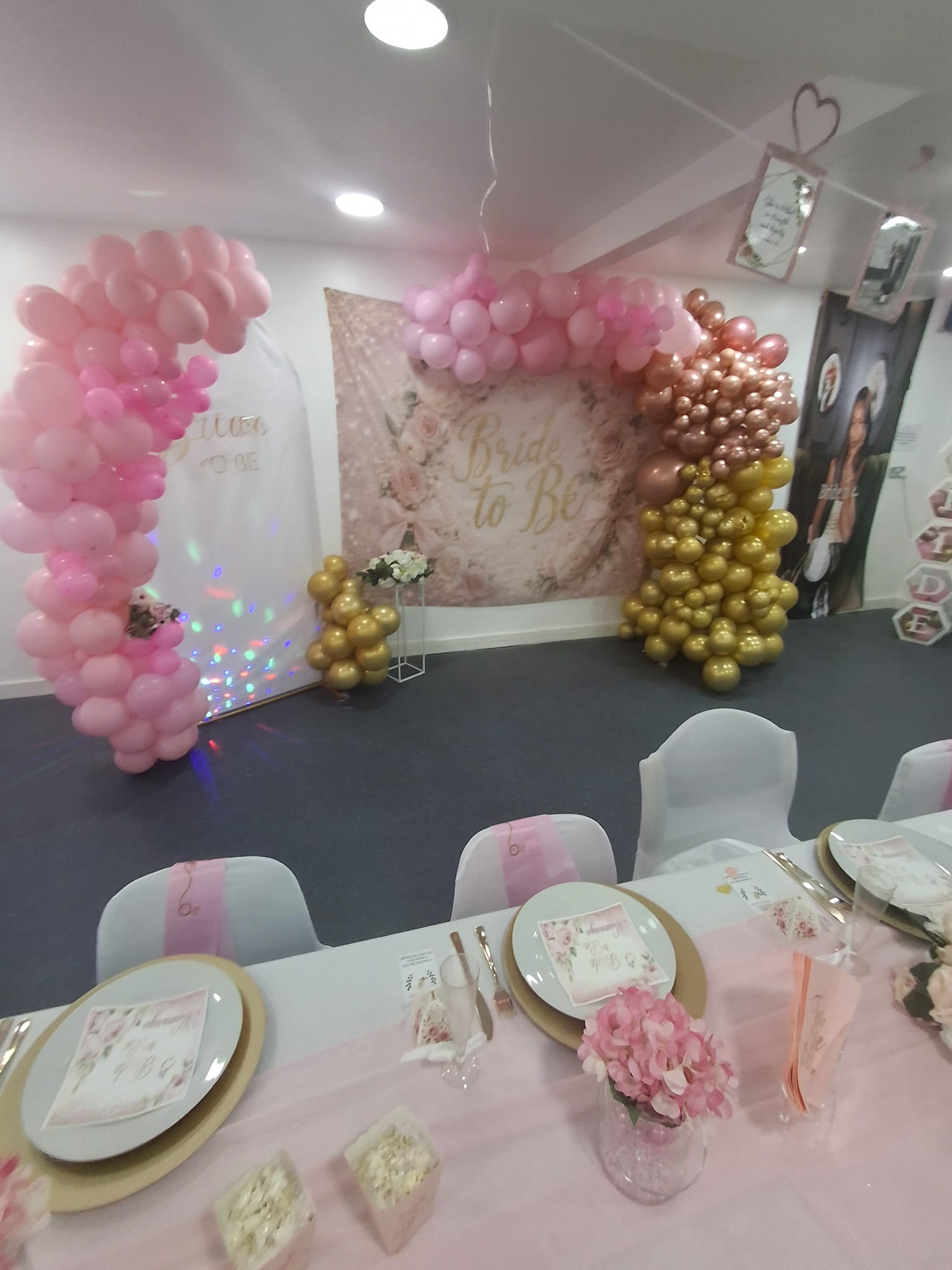 Pink and gold balloon display for a bridal shower