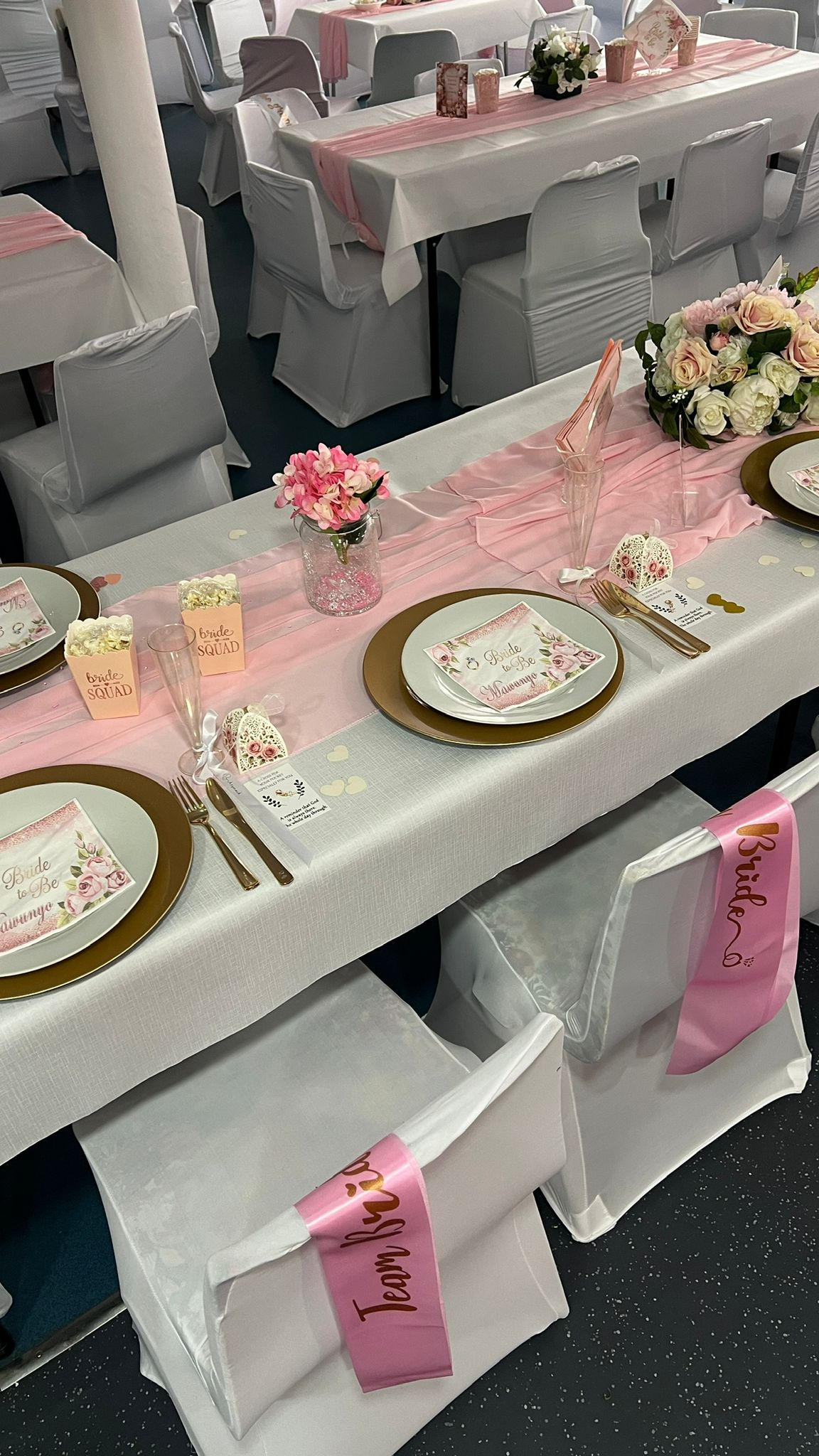 Bridal shower place settings in blush pink and gold