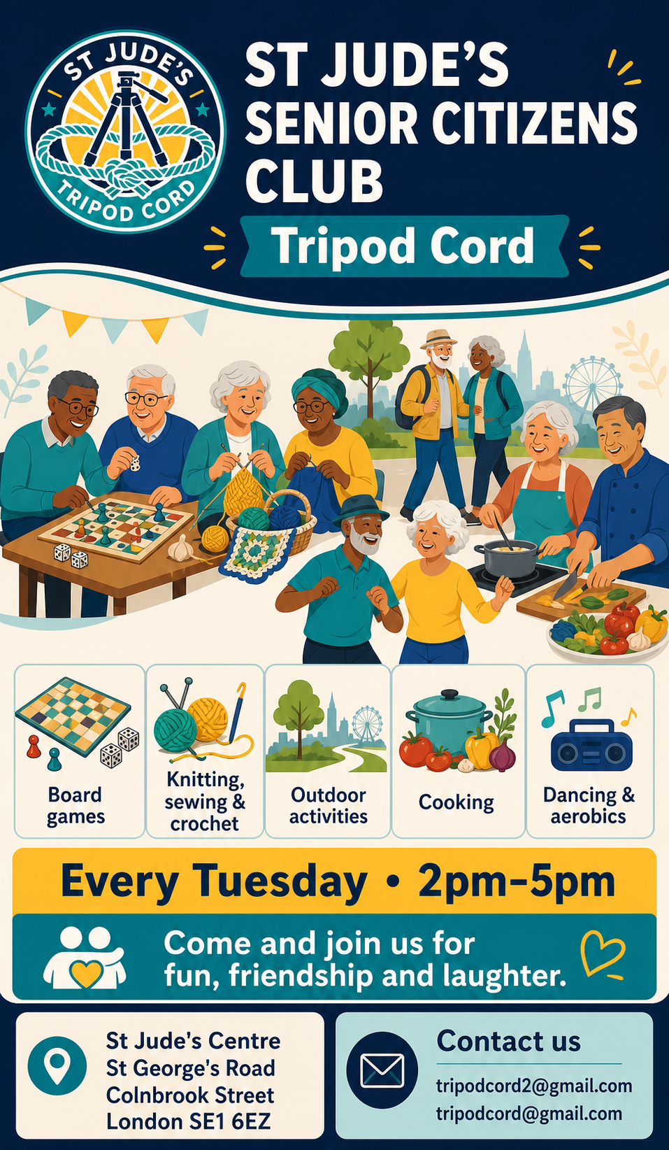 Tripod Cord Seniors Club flyer with Tuesday meeting details and activities